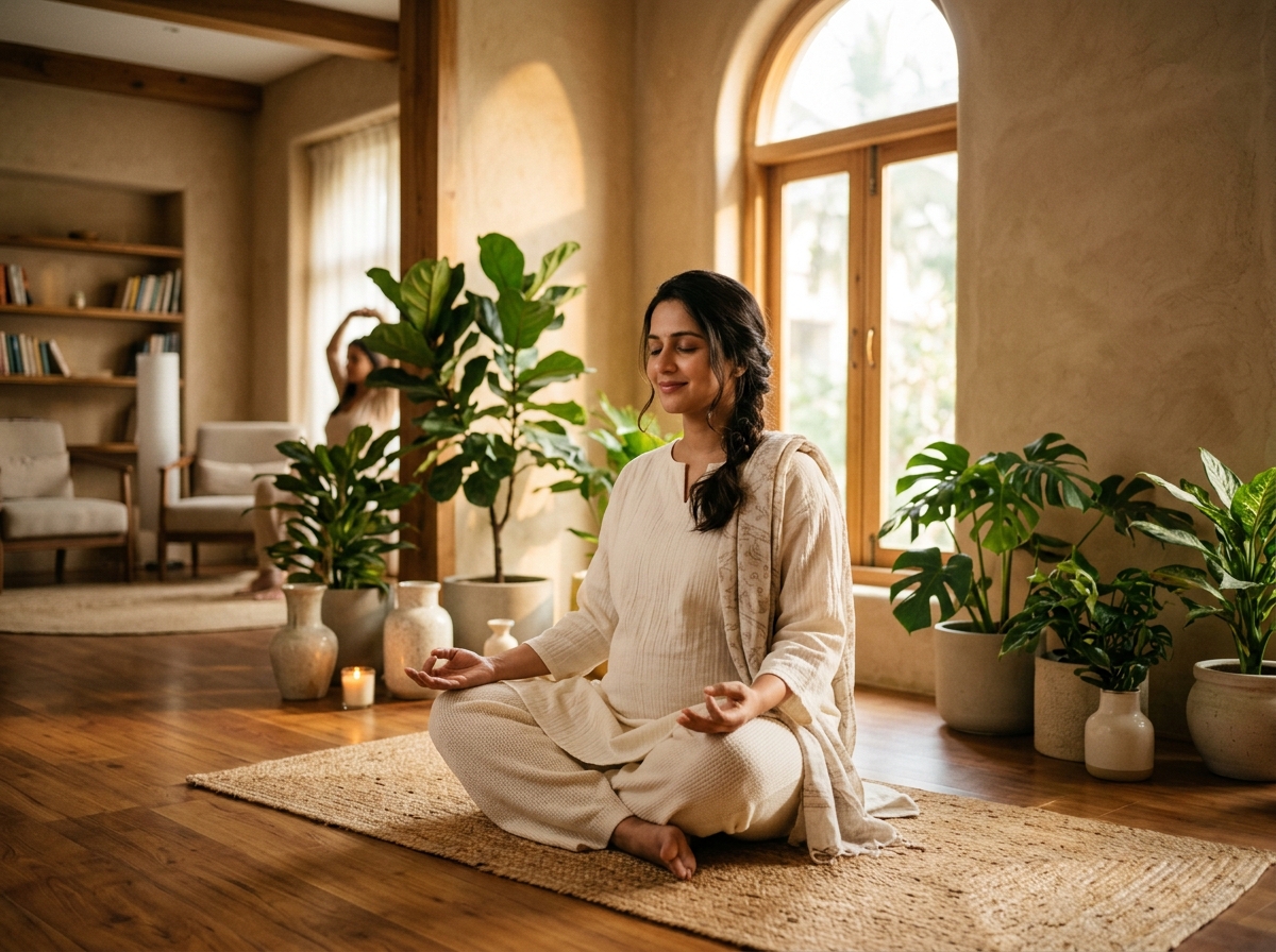 Serene pregnant mother practicing gentle prenatal yoga in a warm sunlit wellness studio at Yogtatvah Wellness & Beyond
